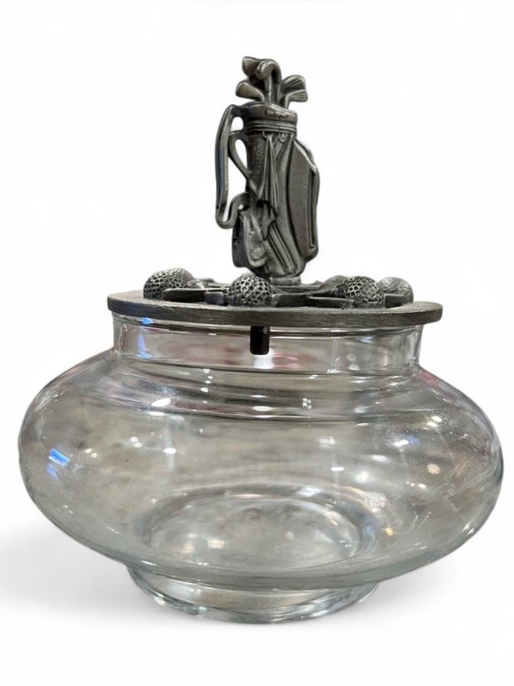 Vintage Princess House 1991 Clear Glass Jar with Pewter Golf Bag Lid
